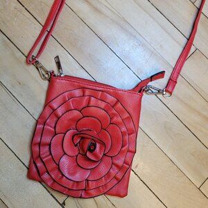 Red Crossbody Bag 3D Rose Flower Detail Adjustable Strap Small Purse Vegan